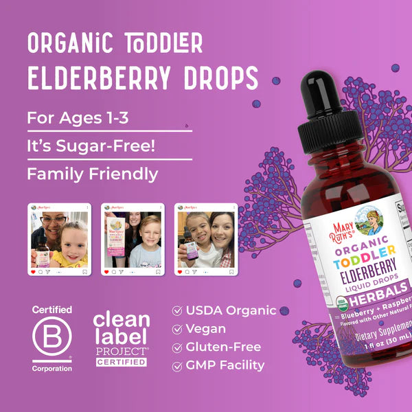 Bottle of Organic Toddler Elderberry Drops with purple background and product details.