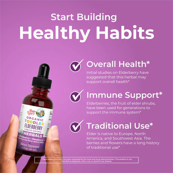 Bottle of Herbal Organic Toddler Elderberry Syrup with text on a purple background