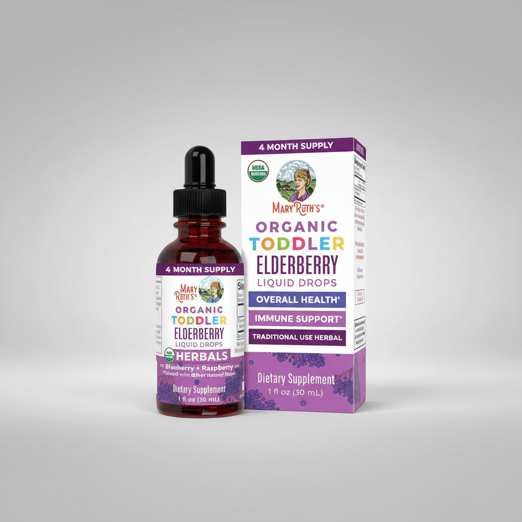 Mary Ruth's Organic Toddler Elderberry Liquid Drops bottle and packaging on a white background