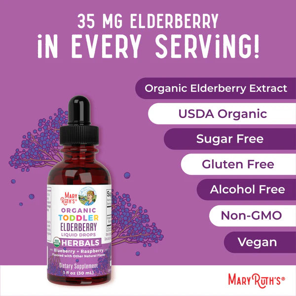 Mary Ruth's Organic Toddler Elderberry Liquid Drops bottle on a purple background with product features listed.
