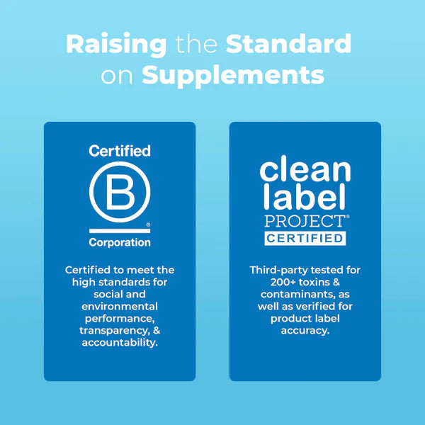 Two certification logos on a blue background with text about standards and labels.