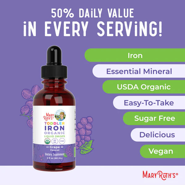 Mary Ruth's Toddler Iron Organic liquid supplement bottle with purple background and text highlighting benefits.