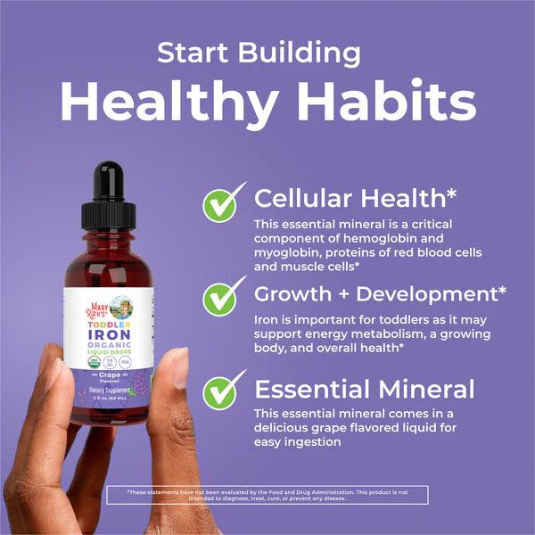 Bottle of Toddler Iron Organic supplement with text on a purple background