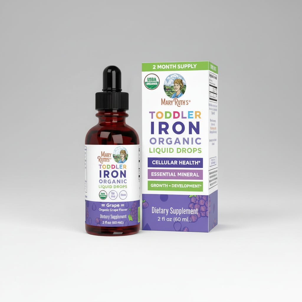 Mary Ruth's Toddler Iron Organic Liquid Drops bottle and packaging on a white background