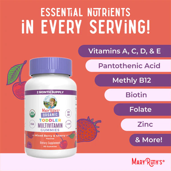 Mary Ruth's Toddler Multivitamin Gummies bottle with vitamins listed on a red background