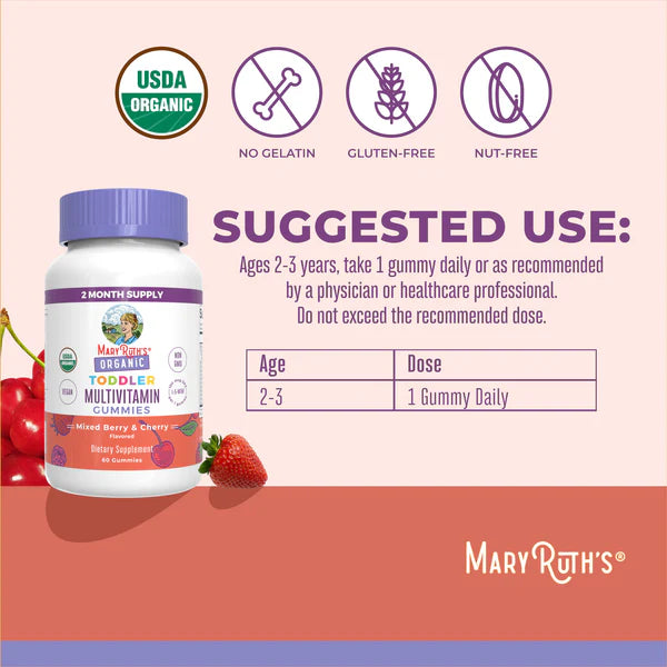 Mary Ruth's Organic Toddler Multivitamin Gummies packaging with suggested use information on a pink and orange background.