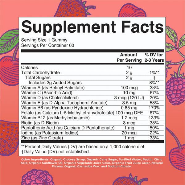 Supplement facts label on a colorful background with fruit illustrations