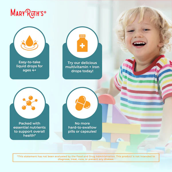 Child playing with colorful toys in a bright room, featuring Mary Ruth's multivitamin and iron drops advertisement.