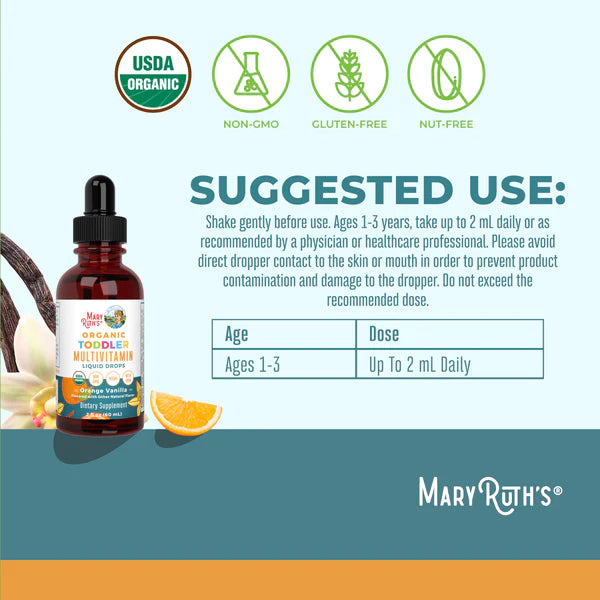Mary Ruth's toddler multivitamin bottle with usage instructions and product details on a branded background.
