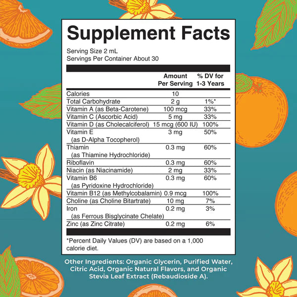 Supplement facts label with orange and vanilla design elements on a blue background