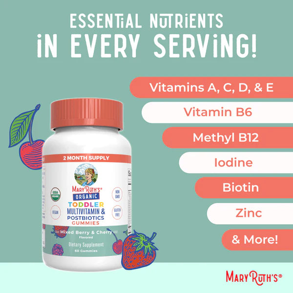 MaryRuth's Organic Toddler Multivitamin & Probiotics Gummies bottle with vitamin information on a light blue background