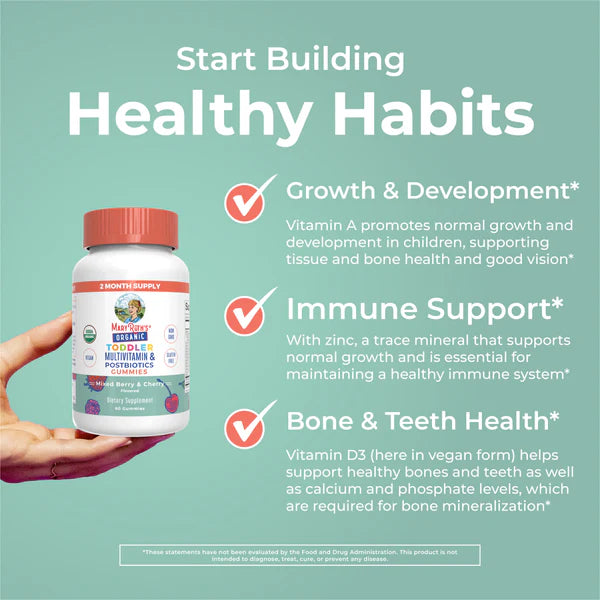 Multivitamin supplement bottle held in a hand with text about health benefits on a teal background