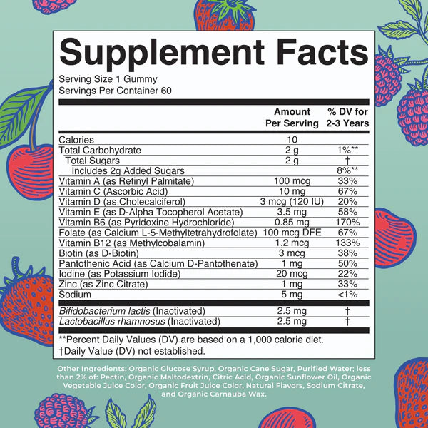 Supplement facts label for gummy vitamins with colorful fruit illustrations on a light blue background