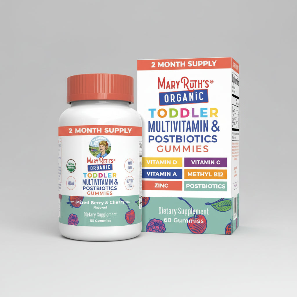 Mary Ruth's Organic Toddler Multivitamin & Postbiotics Gummies packaging with bottle and box on a white background