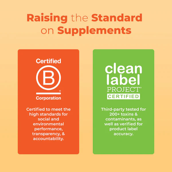 Two certification logos on a beige background with text about social, environmental, and product standards.