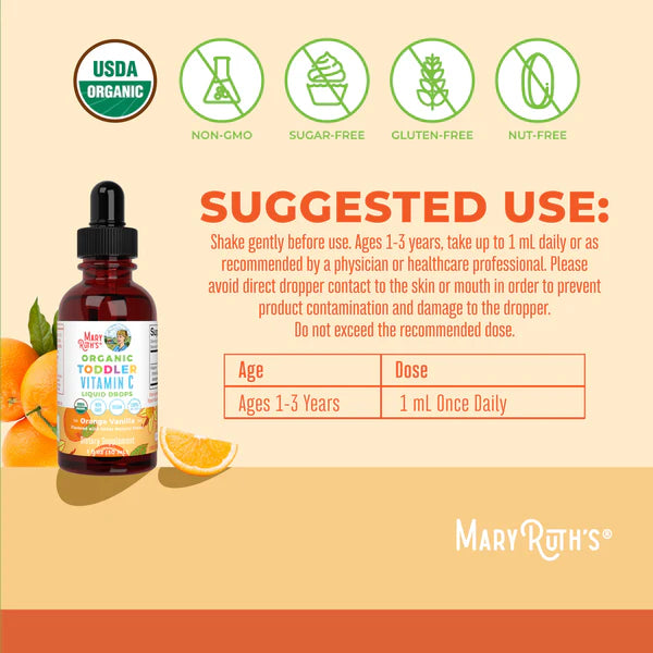 Mary Ruth's Organic Toddler Vitamin C bottle with usage instructions on a beige background