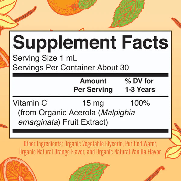Supplement facts label with vitamin C content on a decorative background