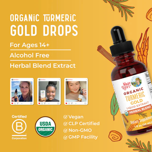 Mary Ruth's Organic Turmeric Gold Drops bottle on a yellow background with product details and certifications.