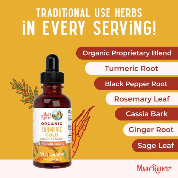 Mary Ruth's Organic Turmeric Gold Liquid Extract bottle with ingredients listed on a yellow background