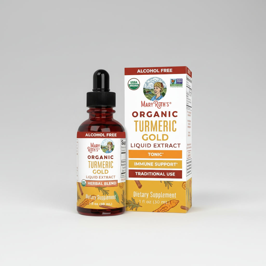 Mary Ruth's Organic Turmeric Gold Liquid Extract bottle and packaging on a white background