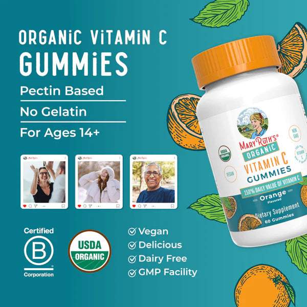 MaryRuth's Organic Vitamin C Gummies packaging with product details on a teal background