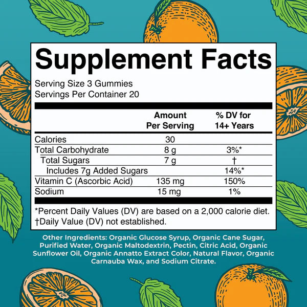 Supplement facts label for gummy vitamins with orange illustrations on a blue background