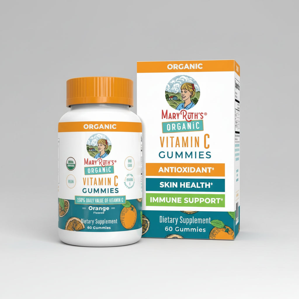 Mary Ruth's Organic Vitamin C Gummies packaging with bottle and box on a white background