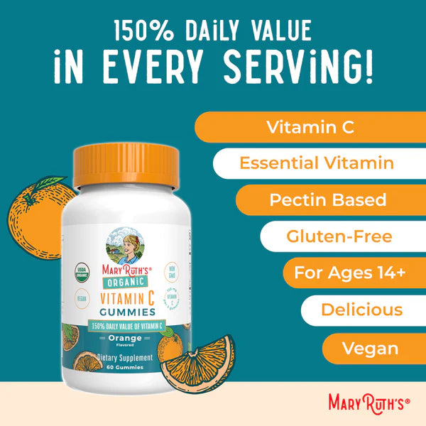 Mary Ruth's Organic Vitamin C Gummies bottle with product features on a blue background