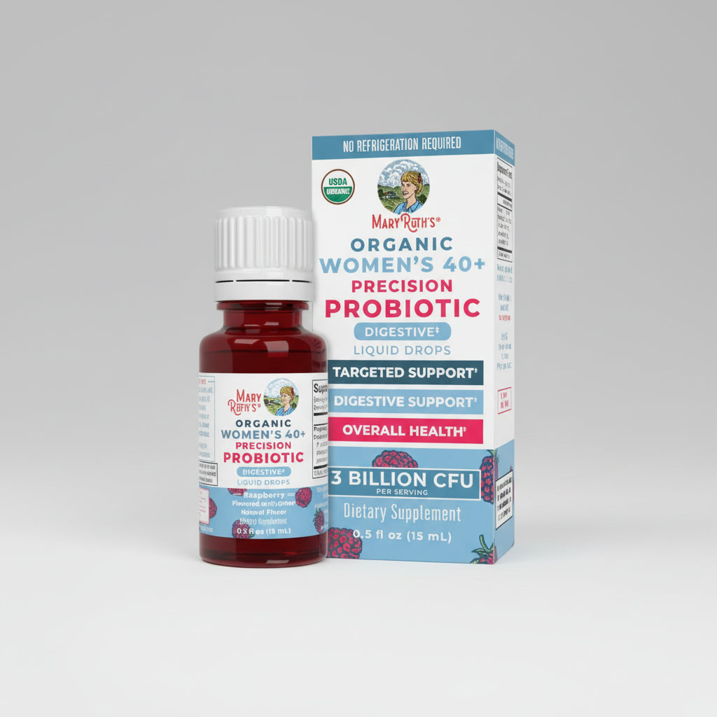 Mary Ruth's Organic Women's 40+ Precision Probiotic bottle and packaging on a white background