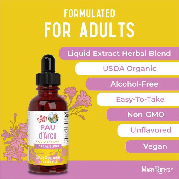 Mary Ruth's pau d'arco liquid extract bottle with product features on a yellow and purple background