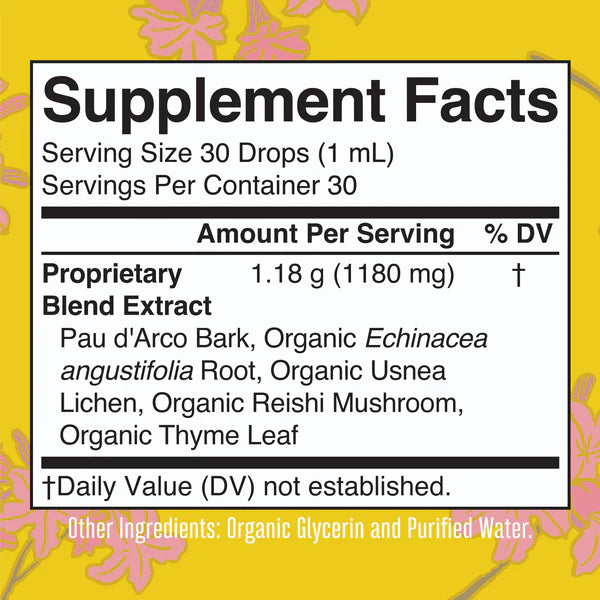 Supplement facts label with herbal ingredients on a yellow background