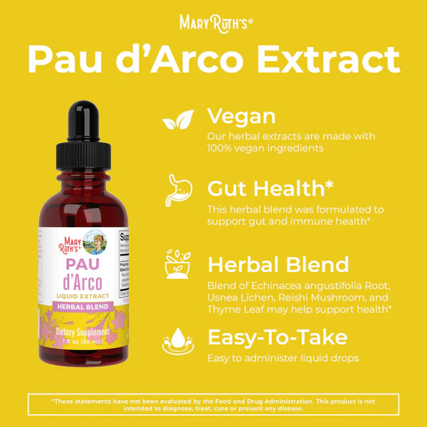 Mary Ruth's Pau d'Arco Extract bottle on a yellow background with product details.