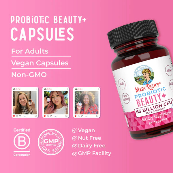 Mary Ruth's Probiotic Beauty+ capsules on a pink background with product details and images of users.