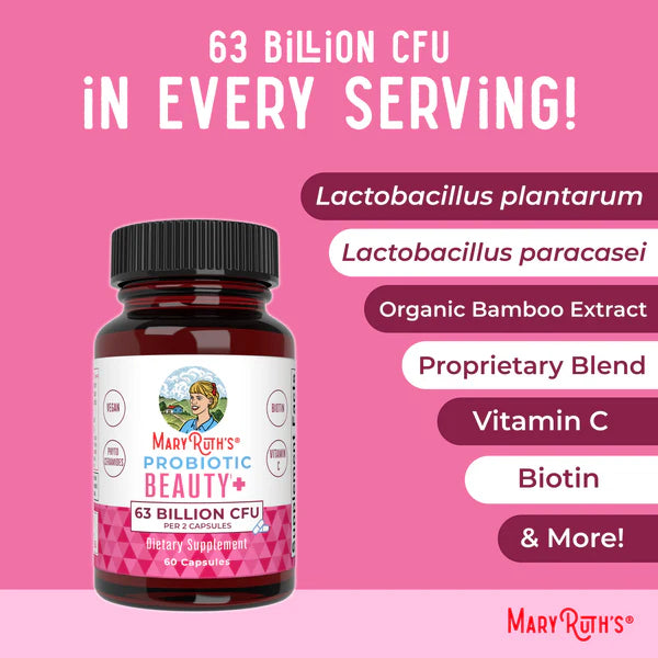 Mary Ruth's Probiotic Beauty supplement bottle with product details on a pink background
