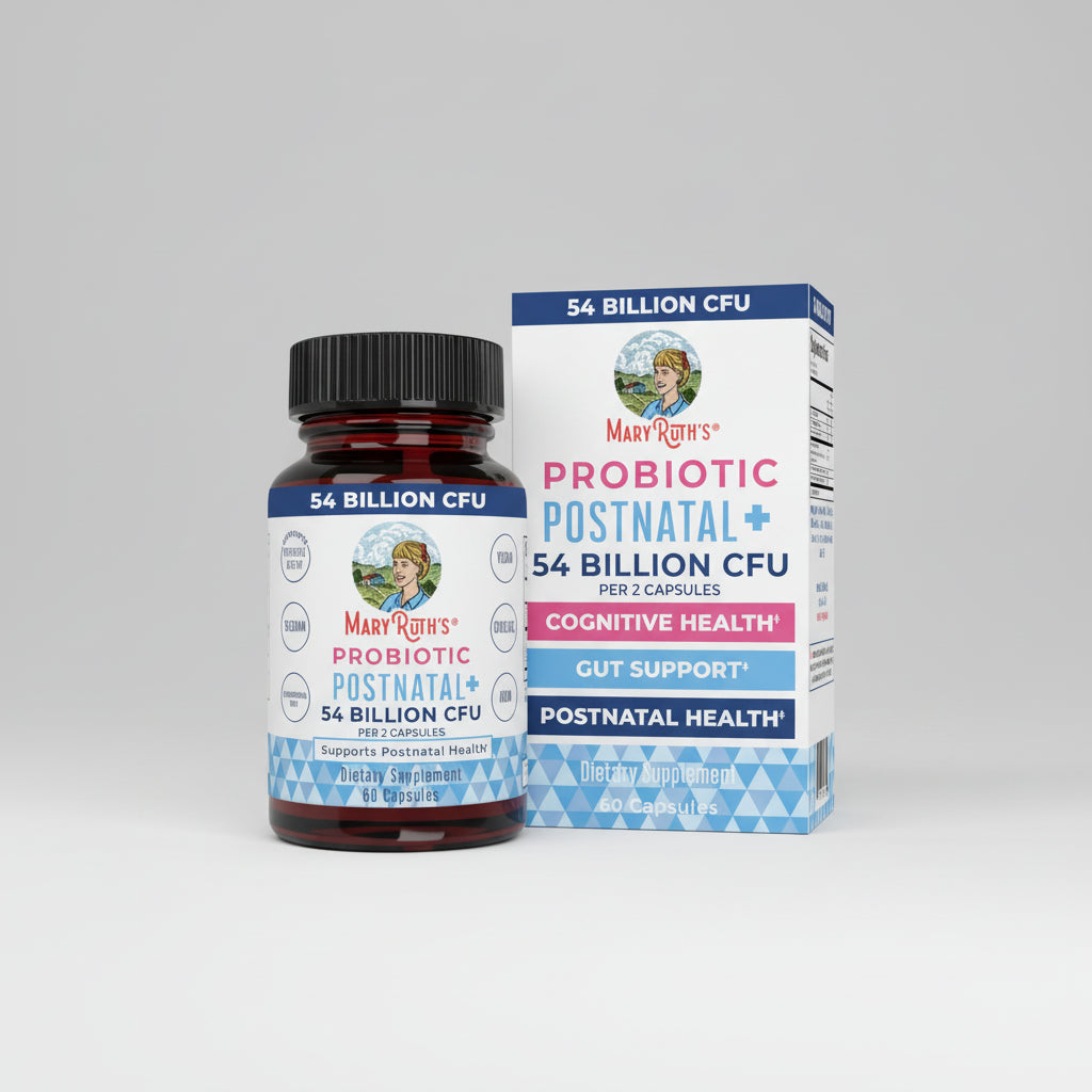 Mary Ruth's Probiotic Postnatal supplement bottle and packaging on a white background