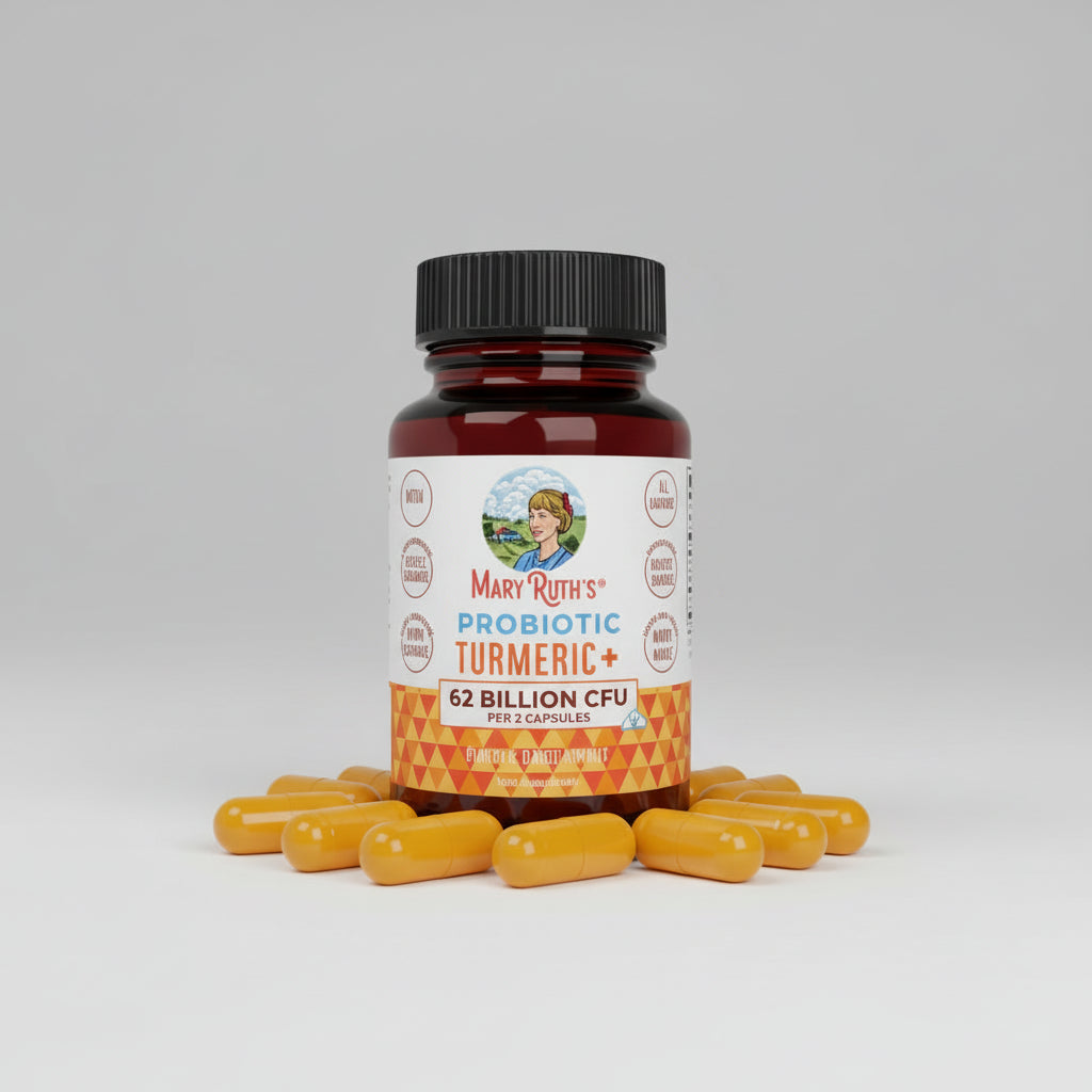 Probiotic Turmeric+ capsules advertisement with two people smiling and a bottle of the product.