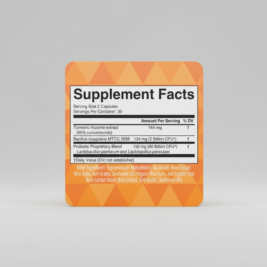 Supplement facts label on an orange geometric patterned background