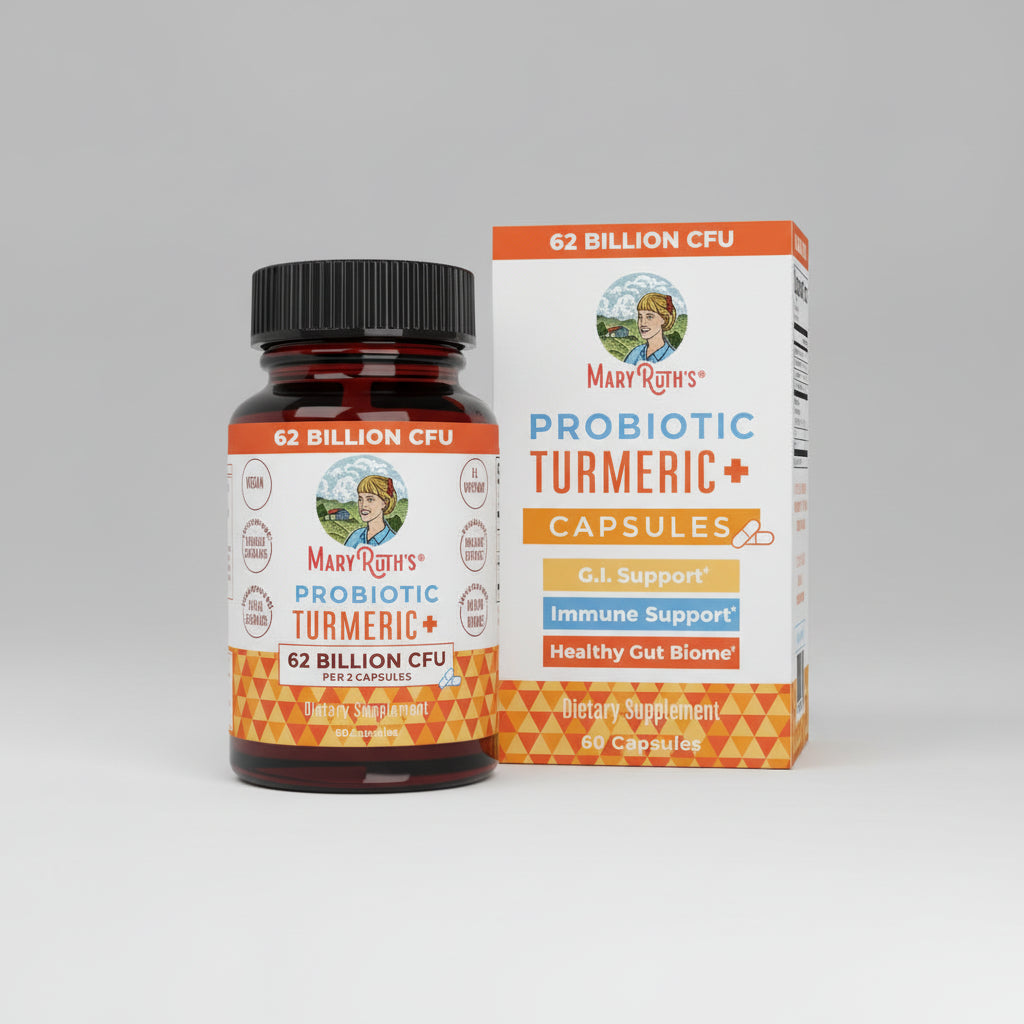 Mary Ruth's Probiotic Turmeric+ supplement bottle and packaging on a white background