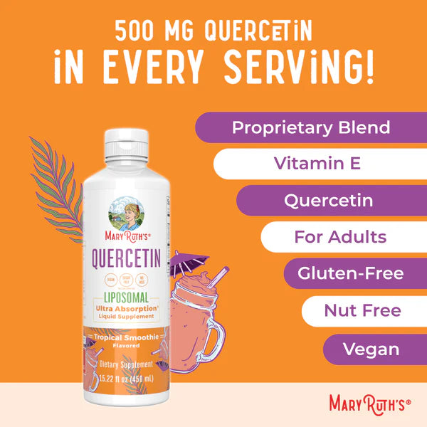 Mary Ruth's Quercetin supplement bottle with product details on an orange background