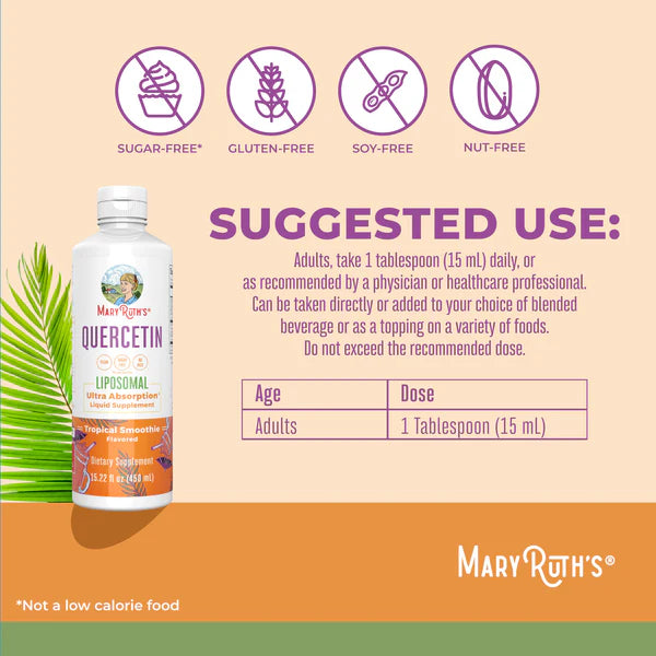 Mary Ruth's Quercetin supplement bottle with usage instructions on a beige background