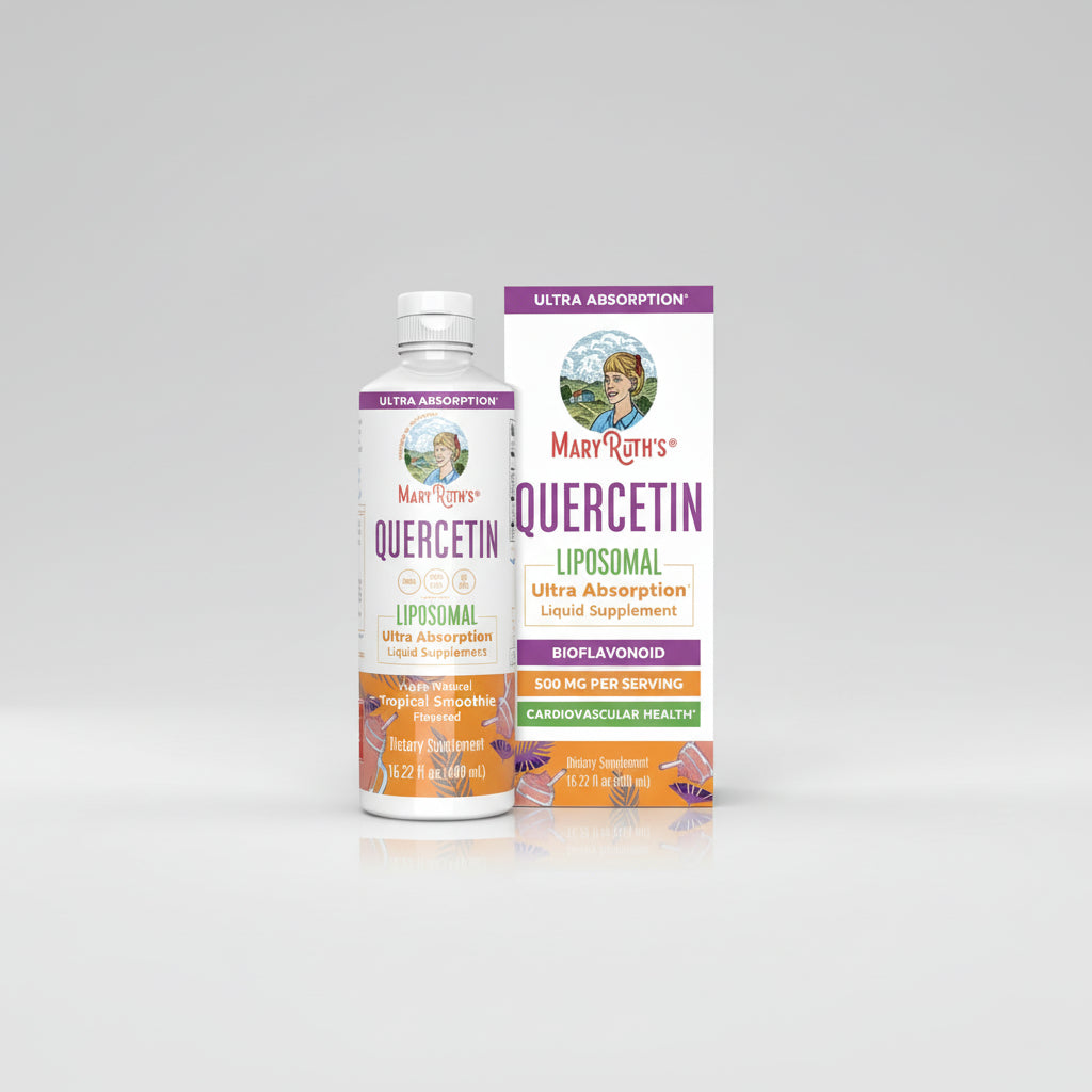 Mary Ruth's Quercetin liposomal supplement bottle and packaging on a white background