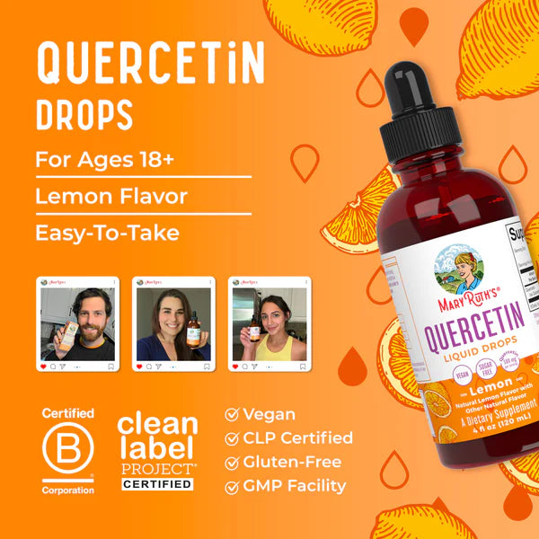Quercetin drops bottle with lemon flavor on an orange background, featuring Mary Rahn's brand.