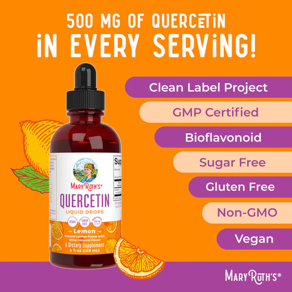 Mary Ruth's Quercetin liquid drops with lemon illustration on an orange background