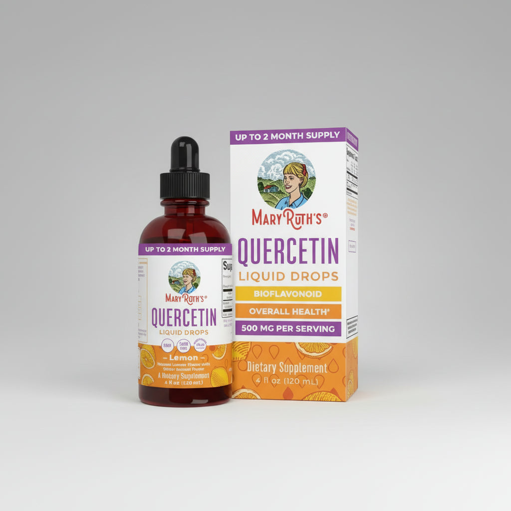 Mary Ruth's Quercetin Liquid Drops bottle and packaging on a white background