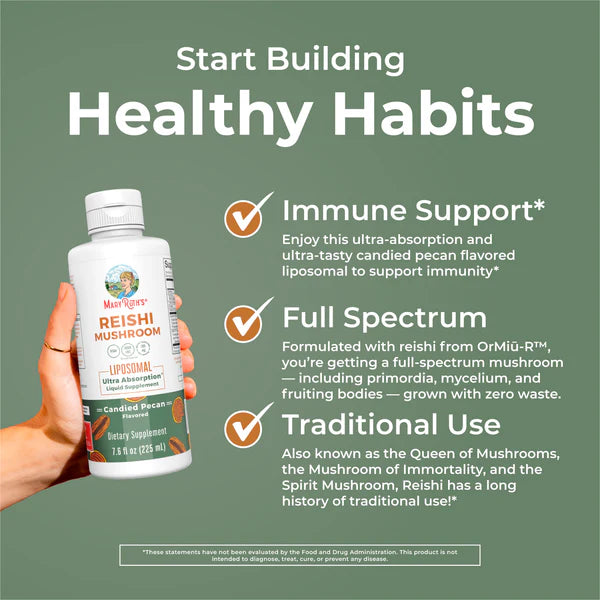 Hand holding a supplement bottle with text about immune support, full spectrum, and traditional use on a green background
