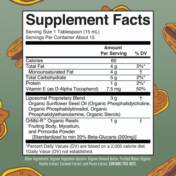 Supplement facts label with nutritional information on a green background with pecan illustrations.
