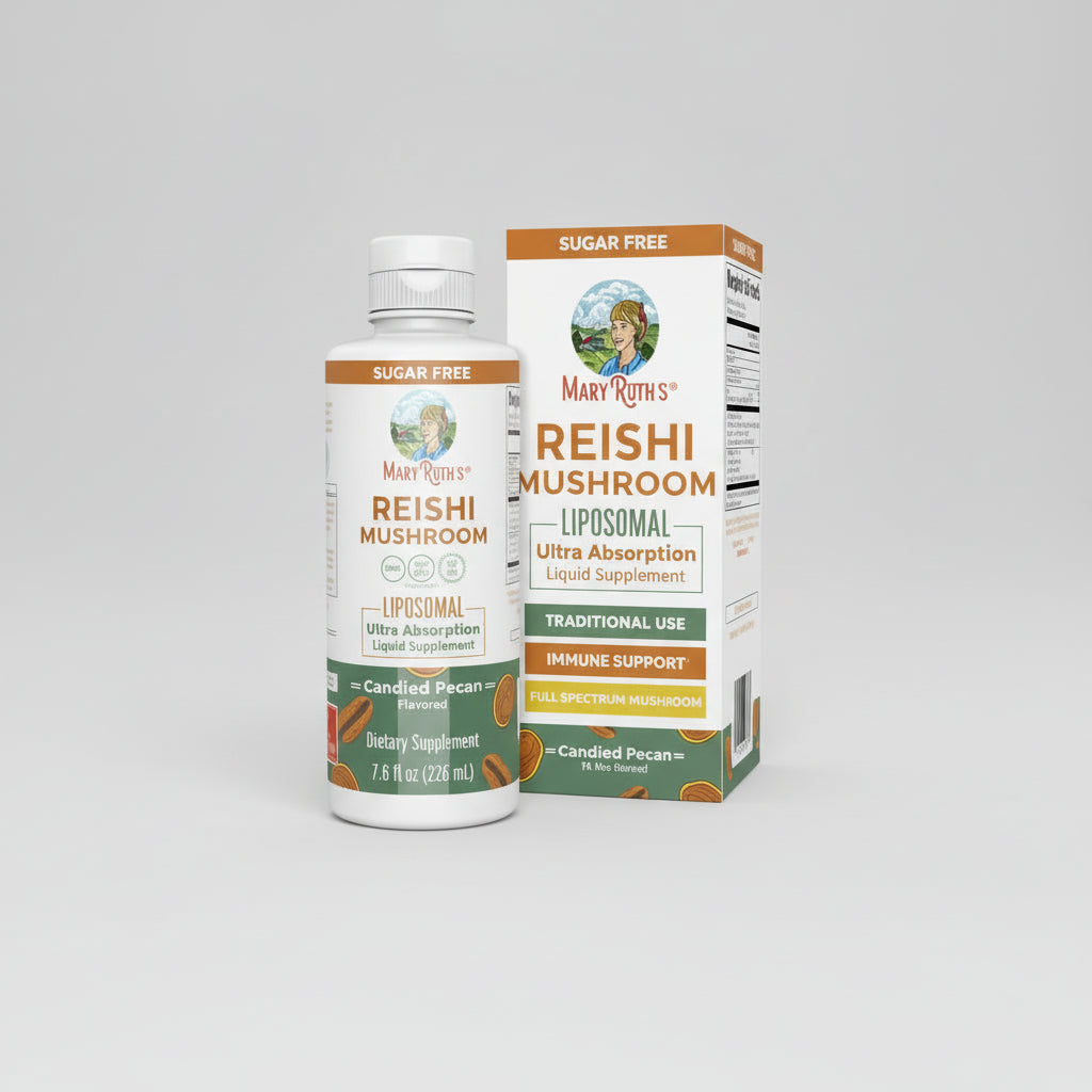 Mary Ruth's Reishi Mushroom supplement bottle and packaging on a white background