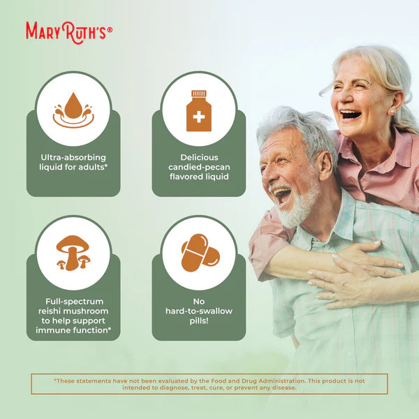 Advertisement for Mary Ruth's product featuring an elderly couple and product features.