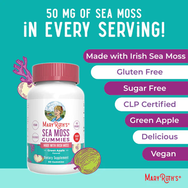 Mary Ruth's Sea Moss Gummies packaging with product details on a teal background