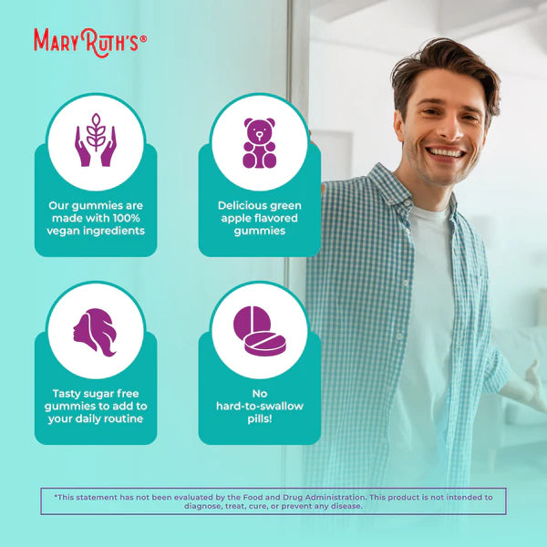 Man standing in a kitchen with promotional text about Mary Ruth's gummies on a light blue background